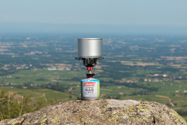 Fyrestorm Stove fired up on top of a mountain